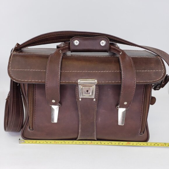 Vintage Brown Leather Hard Side Zipper Drop Front Camera Bag Case 14"X 10"X 7" - Picture 13 of 16